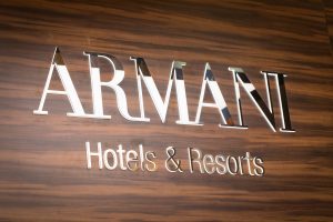 Armani logo at their stand by Loesje Kessels Fashion Photographer Dubai